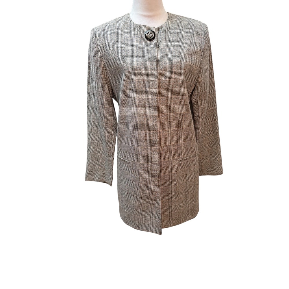 JG Hook Suits Glen Plaid Longline Blazer Jacket Collarless Gray Orange Womens 10